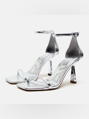 NWT Zara Silver Metallic Ankle-Strap Heels
